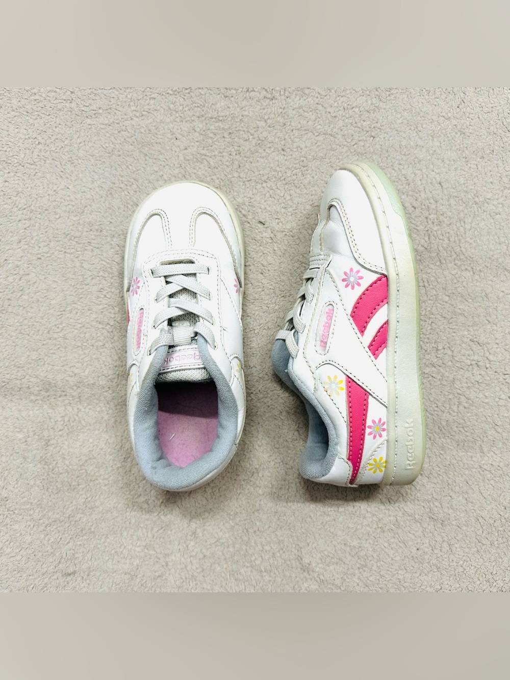 Reebok Toddler Girls Shoes Size 10K White Pink Flower Sneakers Play Wear Scuffs